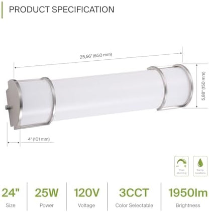 ASD LED 24" Vanity Flush Mount Light Fixture, Linear Bathroom Lighting Bar | 3CCT, Dimmable, Energy Star, ETL Listed | 25W 1950LM 3000-5000K 120V | Long Bath Wall Sconce Over Mirror | Nickel, 4 Pack