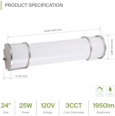 ASD LED 24" Vanity Flush Mount Light Fixture, Linear Bathroom Lighting Bar | 3CCT, Dimmable, Energy Star, ETL Listed | 25W 1950LM 3000-5000K 120V | Long Tube Bath Wall Sconce Over Mirror | Nickel