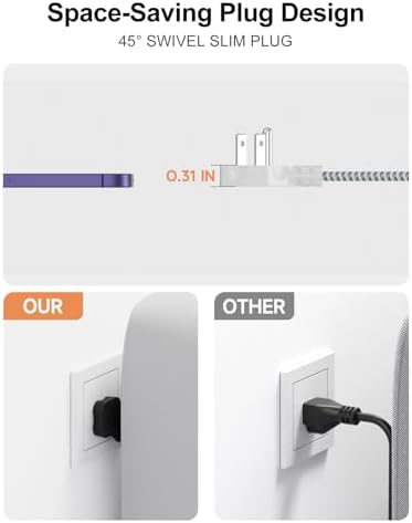 25FT Extension Cord with USB C - White Flat Plug Braided Extension Cord with 3 Outlets & 4 USB Ports (2 USB-C), No Surge Protector for Home, Office, Studio, Behind TV