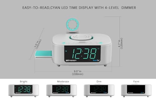 Emerson CKSW5010 Smartset Wireless Charging, Dual Alarm FM Clock, Bluetooth Radio/Speaker, 15W for Ultra-Fast Charging, 3W Retractable Port for Air Pods, White