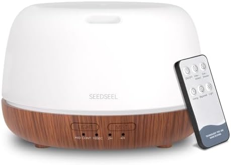 SEEDSEEL 300ML Essential Oil Diffuser, Mini Aromatherapy Diffuser with Remote Control, 7 Color Changing LED Light, 4 Timer for Bedroom, Room, Office
