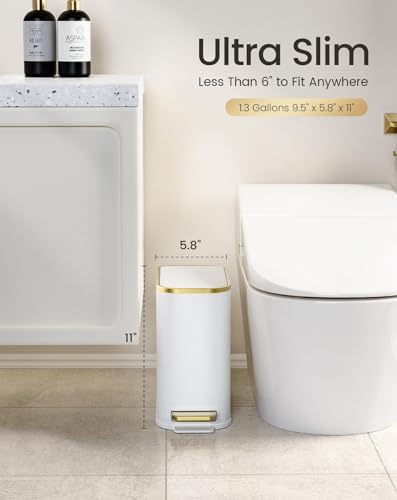 Cesun Small Bathroom Trash Can with Gold Grimmed Lid & Pedal, 1.3Gal, White