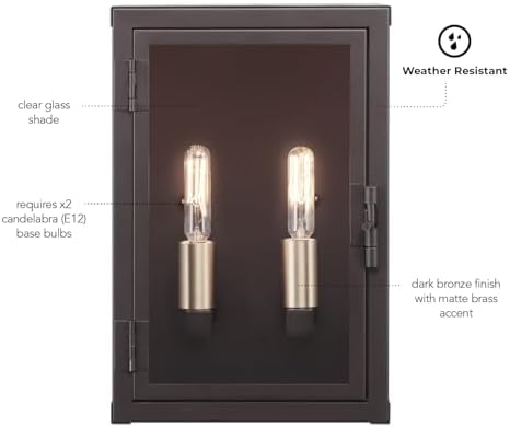Globe Electric 60000131 2-Light Outdoor Wall Sconce, Dark Bronze, Matte Brass Accents, Weatherproof Glass Door Closure