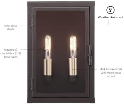 Globe Electric 60000131 2-Light Outdoor Wall Sconce, Dark Bronze, Matte Brass Accents, Weatherproof Glass Door Closure