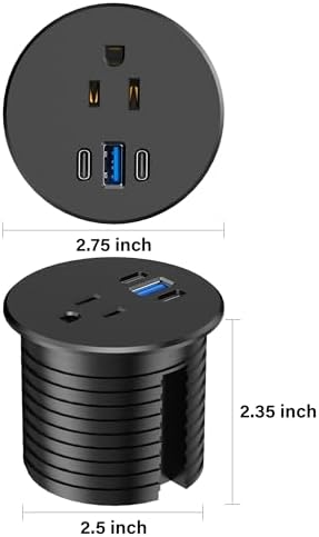2.5 inch Power Grommet,20W USB-C Charging,1 Outlet with 2 USB C,1 USB Port,Furniture Flush Mount for Desktop,Recessed Power Strip,Workspace Essential Desk Outlet (Black, 10 FT)