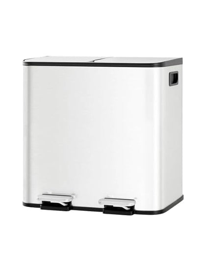 GarveeHome 2 x 4 gal Stainless Steel Double Trash Can with Lid for Kitchen, Large Dual Trash and Recycle Bin Combo, Step-on Kitchen Metal Garbage Cans, PP Inner Buckets, Liner Rim, White