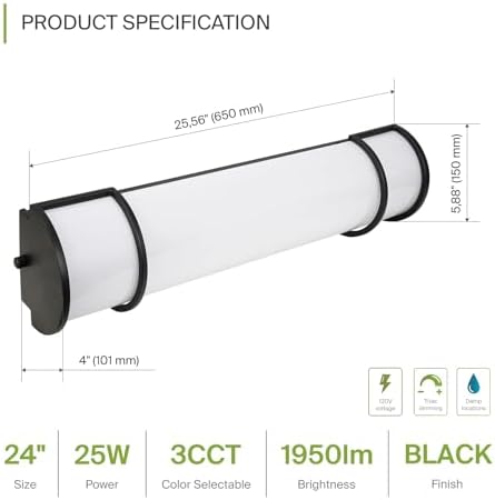ASD LED 24" Vanity Flush Mount Light Fixture, Linear Bathroom Lighting Bar | 3CCT, Dimmable, Energy Star, ETL Listed | 25W 1950LM 3000-5000K 120V | Long Bath Wall Sconce Over Mirror | Black, 4 Pack