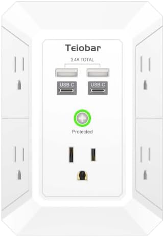 Wall Charger, Surge Protector, Teiobar 5 Outlets and 4 USB Ports(2USB-C)