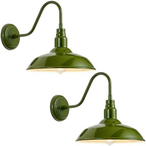 14 Inch Dome Outdoor Gooseneck Barn Lights Olive Green Farmhouse Exterior Wall Lights for Porch, 2Pack Patio Barn Style Wall Mount Gooseneck Lighting for House, Garage