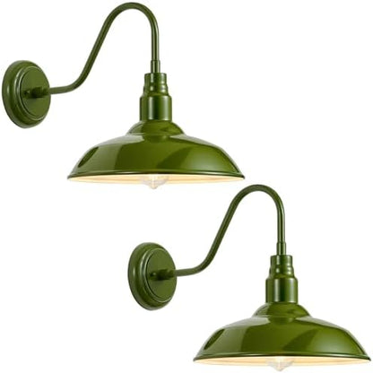 14 Inch Dome Outdoor Gooseneck Barn Lights Olive Green Farmhouse Exterior Wall Lights for Porch, 2Pack Patio Barn Style Wall Mount Gooseneck Lighting for House, Garage