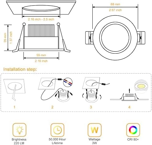 2 Inch LED Downlight, 3W Recessed Lighting Dimmable Ceiling Light Kit, 4000K Natural White, CRI80 White LED Can Lights with Driver(35W Halogen Equivalent), 10 Pack