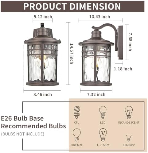 Darkaway Outdoor Wall Light Fixture,14.57inch Large Outside Porch Lights Wall Mounted Water Ripple Glass Exterior Waterproof Lantern Modern Wall Sconce Lighting for Front Door Yard Patio