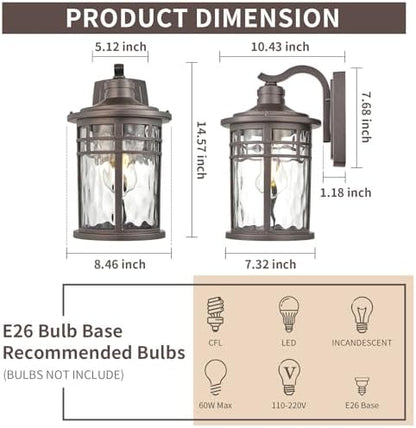 Darkaway Outdoor Wall Light Fixture,14.57inch Large Outside Porch Lights Wall Mounted Water Ripple Glass Exterior Waterproof Lantern Modern Wall Sconce Lighting for Front Door Yard Patio