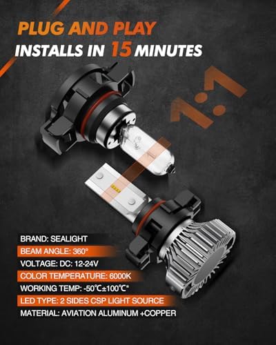 SEALIGHT 5201 5202 LED Fog Light Bulbs or DRL, 400% Super Brighter PS19W PS24W Fog Light Bulb for Car, 6000K Xenon White, 16 CSP Chips Fog Lights LED, Pack of 2