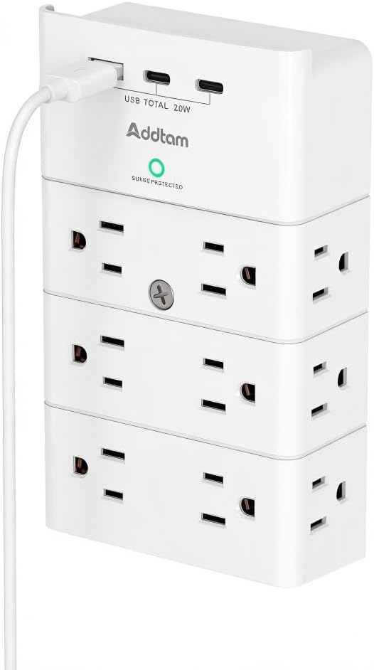 Addtam Multi Plug Wall Outlet, Surge Protector Wall Mount with 12 Outlet Extender 4 Sides and 3 USB Ports (PD 20W), Outlet Splitter Power Strip for Home Office Dorm Room Essentials, White
