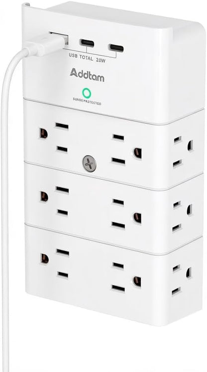 Addtam Multi Plug Wall Outlet, Surge Protector Wall Mount with 12 Outlet Extender 4 Sides and 3 USB Ports (PD 20W), Outlet Splitter Power Strip for Home Office Dorm Room Essentials, White