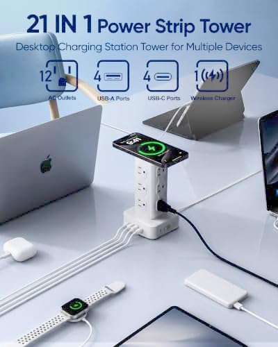 Power Strip Tower Surge Protector(2000J), PD65W Charging Station Tower with 12 AC Outlets & 8 USB Ports (4 USB C), 6FT Extension Cord for Home Office Dorm, White