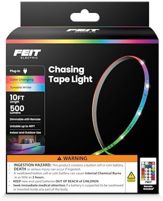 Feit Electric 10ft Chasing & Tunable White LED Tape Light, Dimmable, RGB Colors, Cut-to-Fit, Linkable up to 40ft, Slim 0.4in Width, Indoor/Outdoor Plug-In Light Strip, Remote Controlled, TAPE120/CHASE