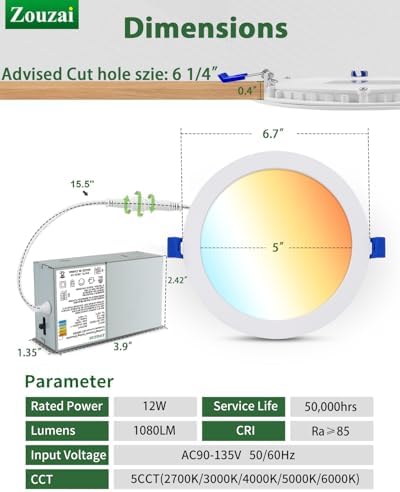 zouzai 1 Pack 6 Inch 5CCT LED Recessed Ceiling Light, 1080LM, 2700K-6000K
