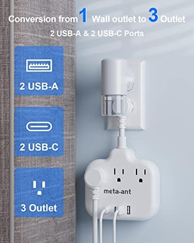 Short Extension Cord 3 Inch, Flat Plug Small Power Strip with 3 AC & 4 USB(1 USB-C), 1875W/15A, Multi Plug Outlet Extender, Non-Surge Protection for Cruise Travel Dorm Kitchen, White