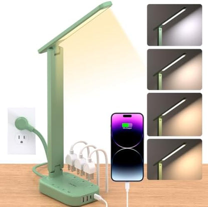 LED Desk Lamp Power Strip with 4 USB 3 Outlets, Dorm Room Essentials, Green