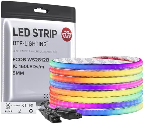 BTF-LIGHTING FCOB COB WS2812B IC RGB LED Strip DC5V 16.4FT 800LED 5mm IP30