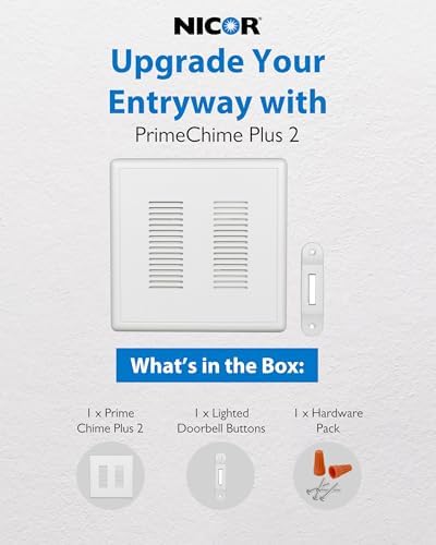 PrimeChime Plus 2 Electric Doorbell Kit - Doorbells for Home - Includes Selectable Ring Chimes - Deco Button, White - NICOR Lighting