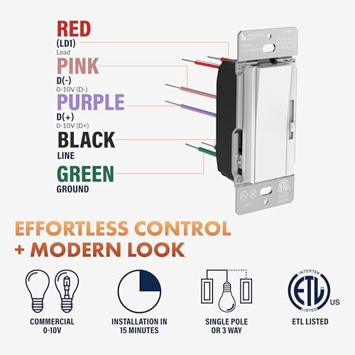 Newhouse Electric White 3-Way/Single Pole 0-10V Dimmer Switch for LED Drivers or Fluorescent Ballasts TDS-010V, Modern Wall Light Dimmer Switch for Contemporary Interior Design