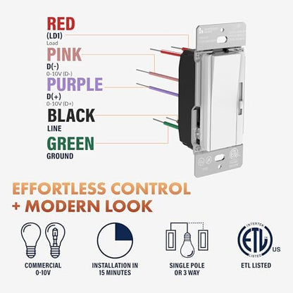Newhouse Electric White 3-Way/Single Pole 0-10V Dimmer Switch for LED Drivers or Fluorescent Ballasts TDS-010V, Modern Wall Light Dimmer Switch for Contemporary Interior Design