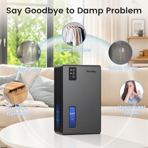 NineSky Dehumidifiers for Home, 1000 Sq.Ft Dehumidifier with 95oz Water Tank, Quiet Dehumidifier for Basement Bathroom Bedroom with 7-Color Ambient Light & Auto Shut Off, (Grey)