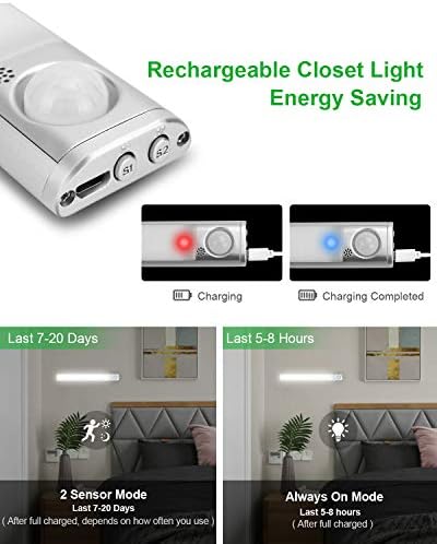 goodland Under Cabinet Lighting 80 LED Closet Light, Motion Sensor Lights Indoor USB Rechargeable Dimmable Stick-on Night Light Bar for Kitchen, Wardrobe, Garage, Stairs, Bedroom (3 Packs)