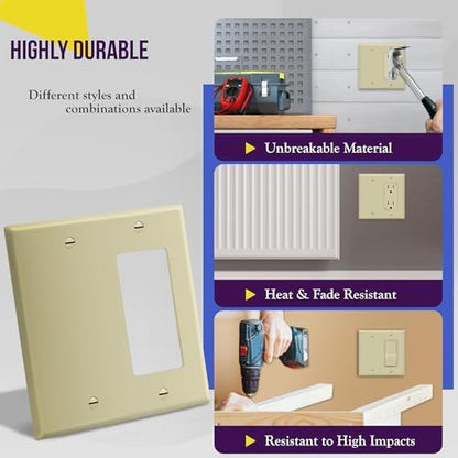 ENERLITES Combination Decorator Rocker/Blank Outlet Wall Plate, Standard Size, 2-Gang 4.50 inch x 4.57 inch Light Switch Cover, Polycarbonate Thermoplastic, UL Listed, 880131-I, Ivory