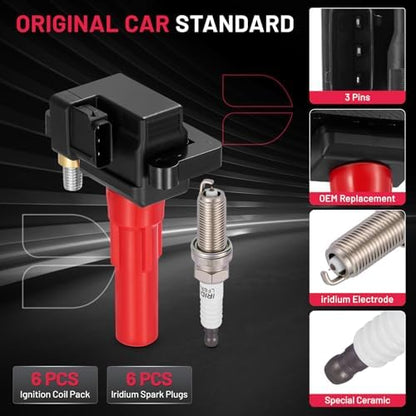 BDFHYK 6 Ignition Coil Pack UF666 and 6 Iridium Spark Plug 6619 Compatible with Subaru 2010-2019 Legacy, 2010-2019 Outback, 2010-2014 Tribeca 3.6L H6 Coil for GN10666 COP584 1788537 C864