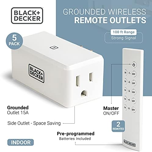 BLACK+DECKER Wireless Remote-Control Outlet, 5 Outlets, 2 Remotes