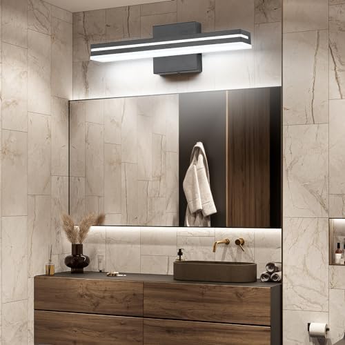 SineRise 16-Inch LED Modern Bathroom Vanity Light Bar, Matte Black Modern Acrylic Bathroom Wall Lighting Fixtures Over Mirror (Cool White 6000K)