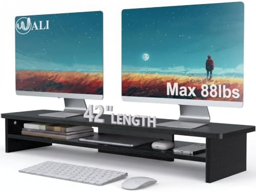 WALI 42 inch Large Wood Dual Monitor Stand Riser with Storage, up to 88lbs