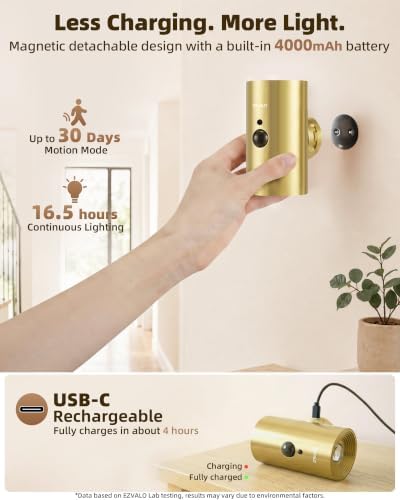 EZVALO Motion Sensor Wall Sconces, Rechargeable Battery Operated 4000mAh Wall Lights, 3 Color Temperatures & 12 RGB, Wireless LED Lighting with Remote for Hallway, Living Room (Brushed Gold, 4 Pack)