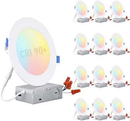 TORCHSTAR 12-Pack 5CCT 6 Inch Ultra-Thin LED Recessed Light, CRI90 12W