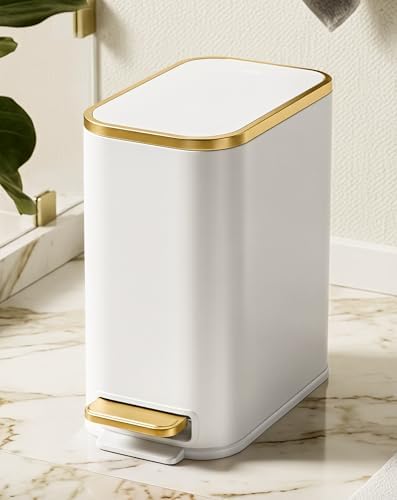 Cesun Small Bathroom Trash Can with Gold Grimmed Lid & Pedal, 1.3Gal, White