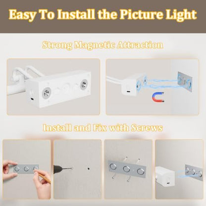 Battery Operated Picture Light for Wall, RF Remote Control, White