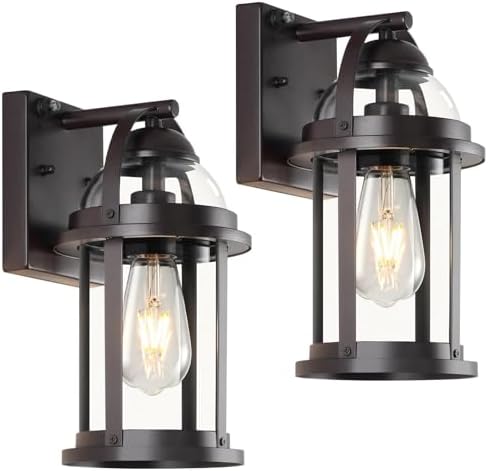 OKELI Dusk to Dawn Outdoor Wall Lights, Waterproof Lighting Fixtures Rustic Farmhouse Wall Lanterns with Clear Glass Shades Anti-Rust Outside Lights for Garage Patio Porch(Brown, 2 Pack)