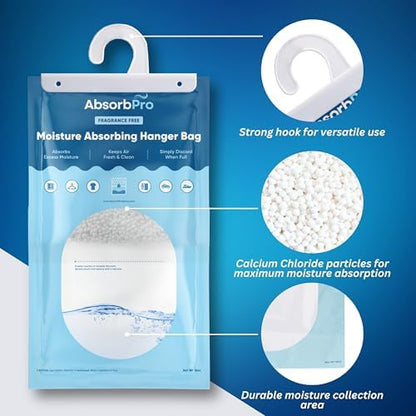 Absorb Pro - Moisture Absorbing Hanger Bag Fragrance Free - 3-Pack - 16 oz Hanging Dehumidifying Packs for Home, Kitchen, Bedroom, Bathroom, Closet, Small Rooms, Cars