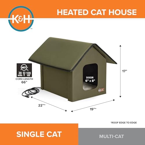 K&H Heated Cat House, Outdoor Kitty Shelter, Safety Listed, 20W, Olive
