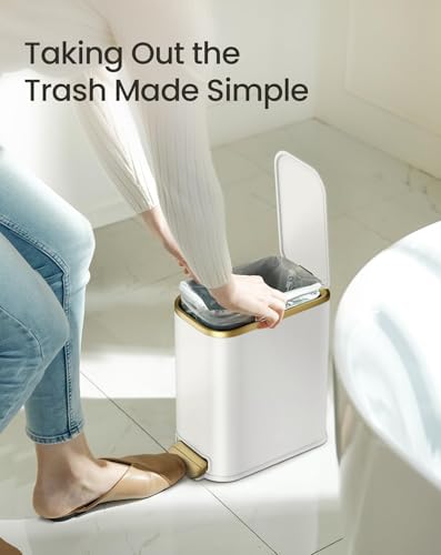 Cesun Small Bathroom Trash Can with Gold Grimmed Lid & Pedal, 1.3Gal, White