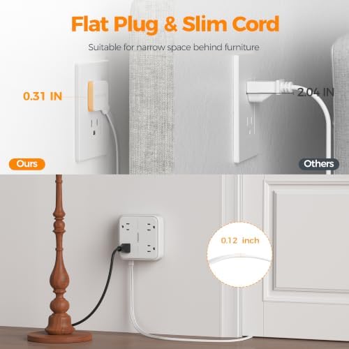 TESSAN Surge Protector Flat Extension Cord 5Ft, Flat Plug Power Strip,