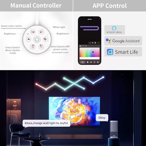 Smart WiFi Wall Light, DIY Geometry Splicing Gaming Lights Compatible with Alexa and Google Assistant, Music Sync & Voice Control, LED Wall Lights for Home Decor & Game Room, Bedroom (9 Lines, White)