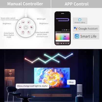 Smart WiFi Wall Light, DIY Geometry Splicing Gaming Lights Compatible with Alexa and Google Assistant, Music Sync & Voice Control, LED Wall Lights for Home Decor & Game Room, Bedroom (9 Lines, White)