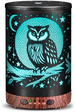 Essential Oil Diffuser 120ML Metal Aromatherapy Diffuser with Timer, Cool Mist Humidifier with Auto Shut-Off & 7 Color Lights for Home Office Spa (Owl)