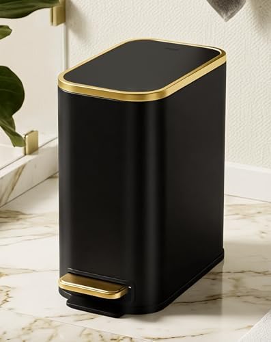 Cesun Small Bathroom Trash Can with Gold Grimmed Lid & Pedal, 1.3Gal, Black