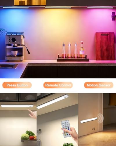 Under Cabinet Lighting,RGB Motion Sensor Night Lights,Rechargeable Under Cabinet Lights,15 Colors Dimmable Bar Light with Remote,Wireless Closet Lights,Indoor Counter Lights for Kitchen Shelf 4Pack